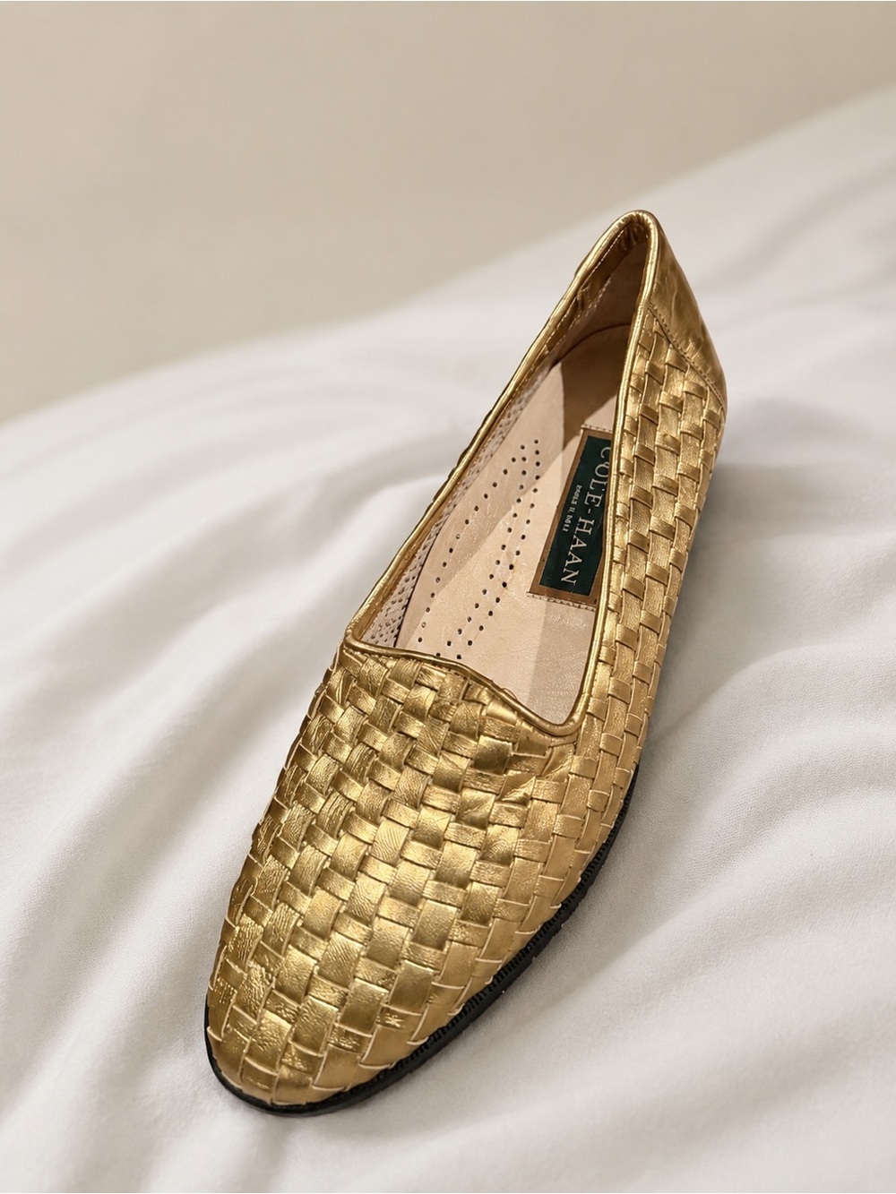 Women’s Cole Haan Gold Woven Leather Flats, Size 7.5B, Like New